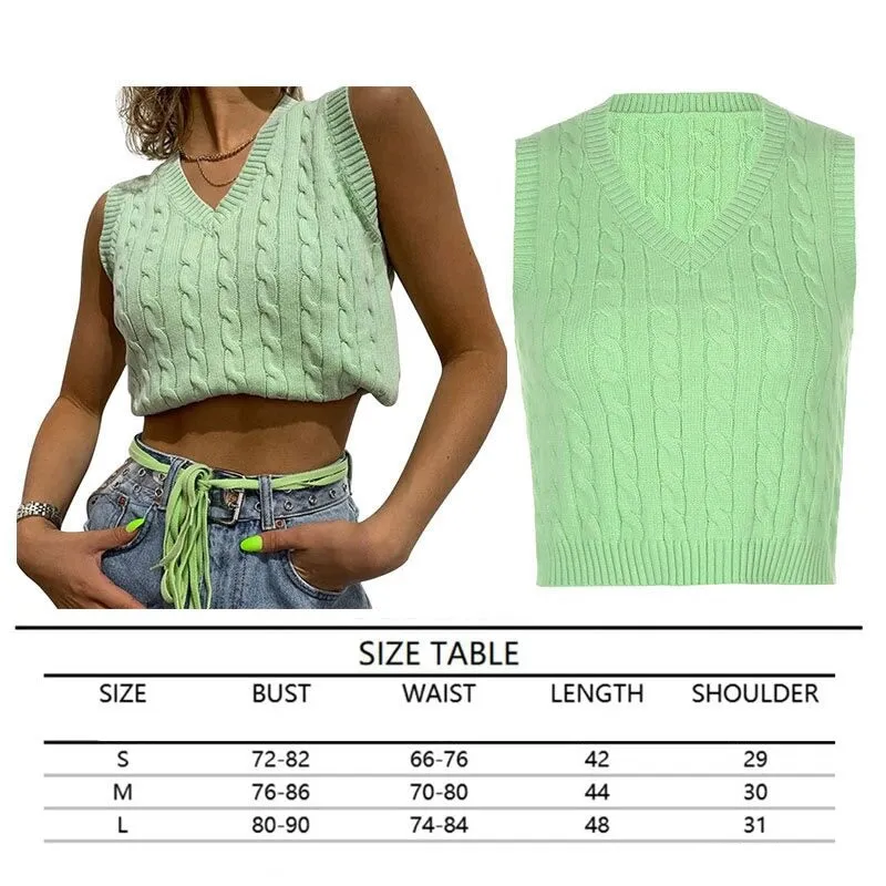 Sweater Vest Women  Black Sleeveless Plaid Knitted Crop Sweaters Casual Autumn Preppy Style tops V Neck Vintage