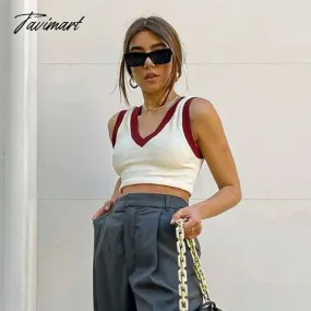 Tavimart Fashion V Neck Color Contrast Woman Sweaters Knitted Sweater Vest Patchwork Vintage Woman Pullover Mujer Suéteres Crop Tops
