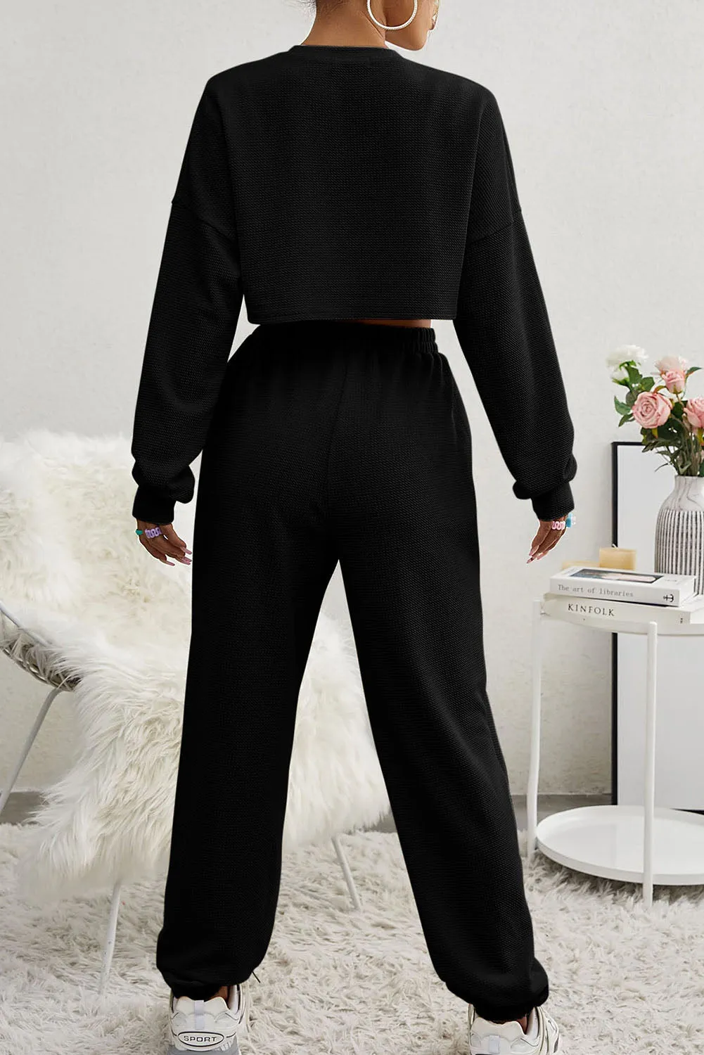 Three Piece Sports Set Crop Tank Top High Waist Jogger Sweatpants