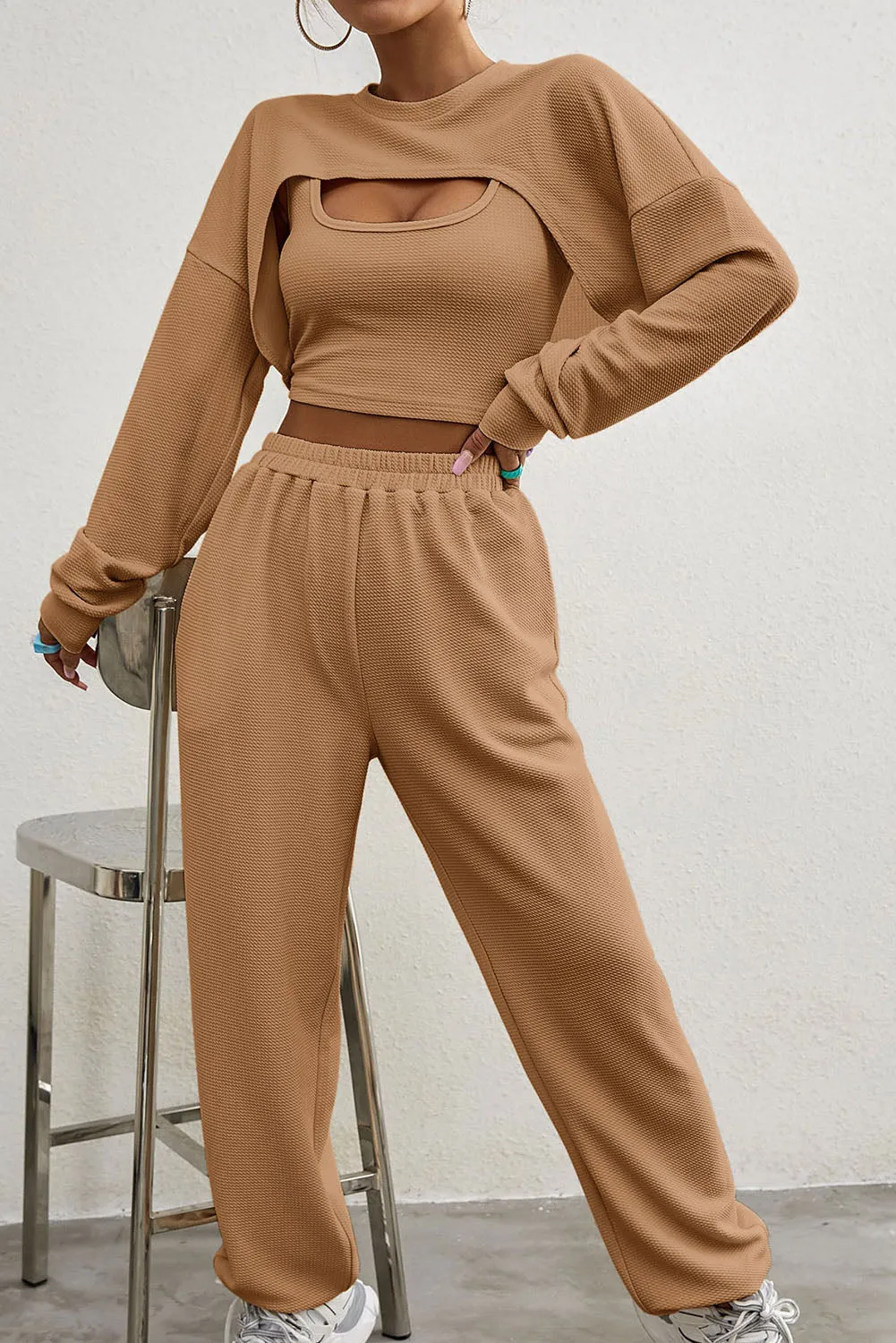 Three Piece Sports Set Crop Tank Top High Waist Jogger Sweatpants