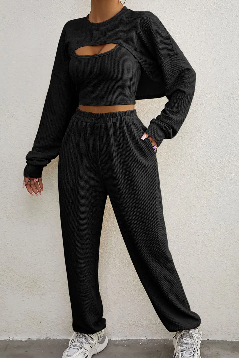 Three Piece Sports Set Crop Tank Top High Waist Jogger Sweatpants