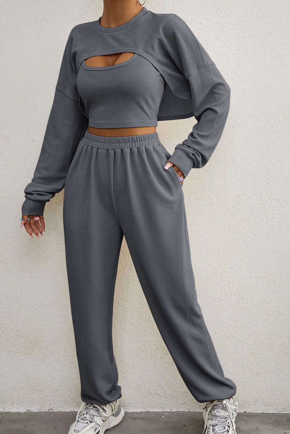 Three Piece Sports Set Crop Tank Top High Waist Jogger Sweatpants