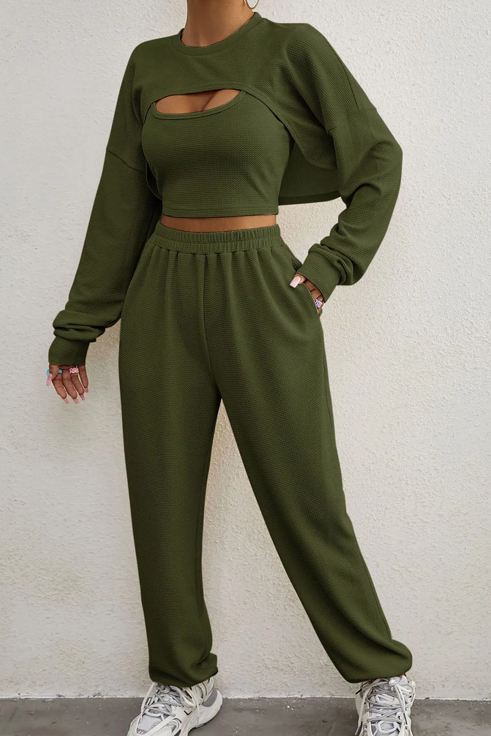 Three Piece Sports Set Crop Tank Top High Waist Jogger Sweatpants