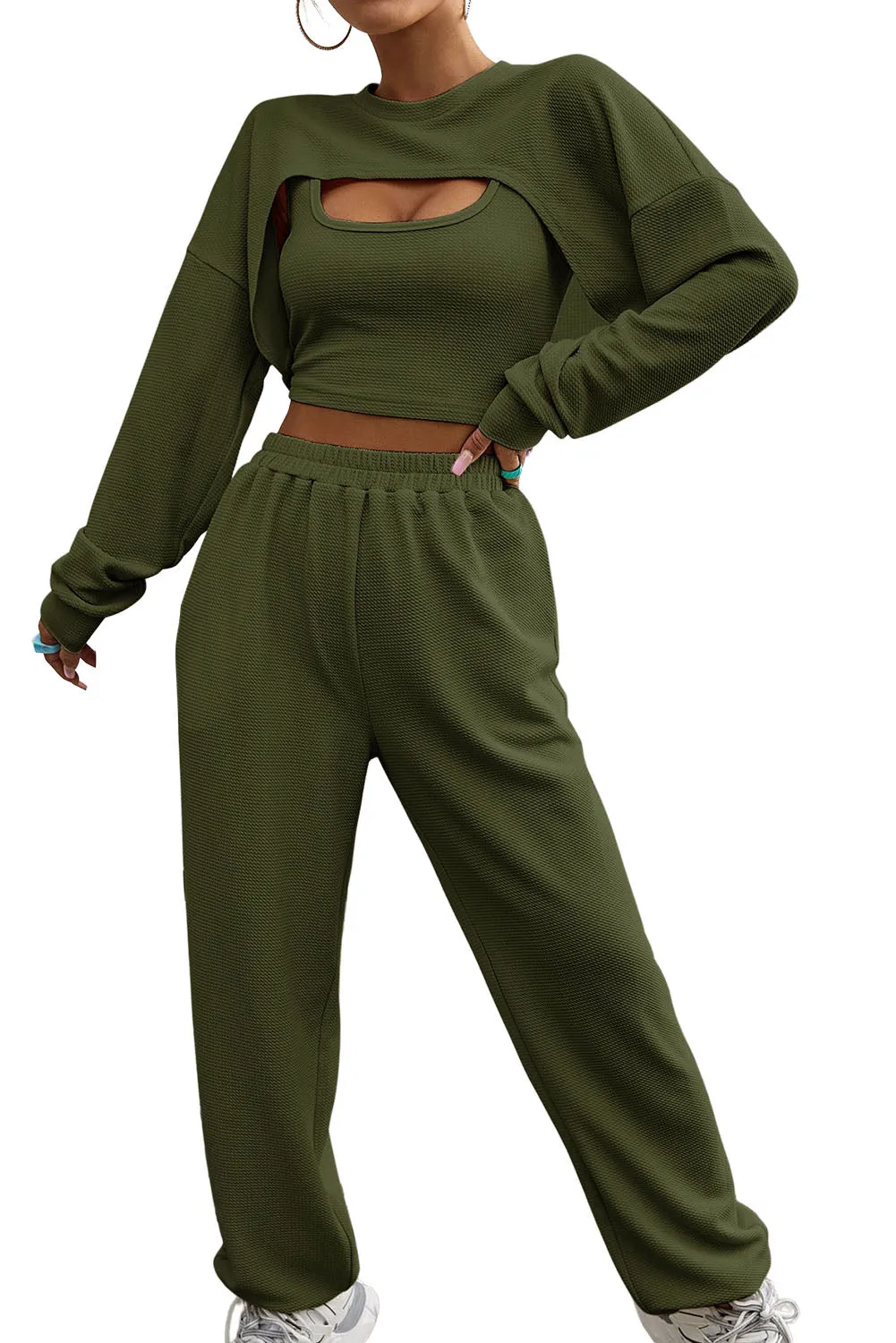 Three Piece Sports Set Crop Tank Top High Waist Jogger Sweatpants