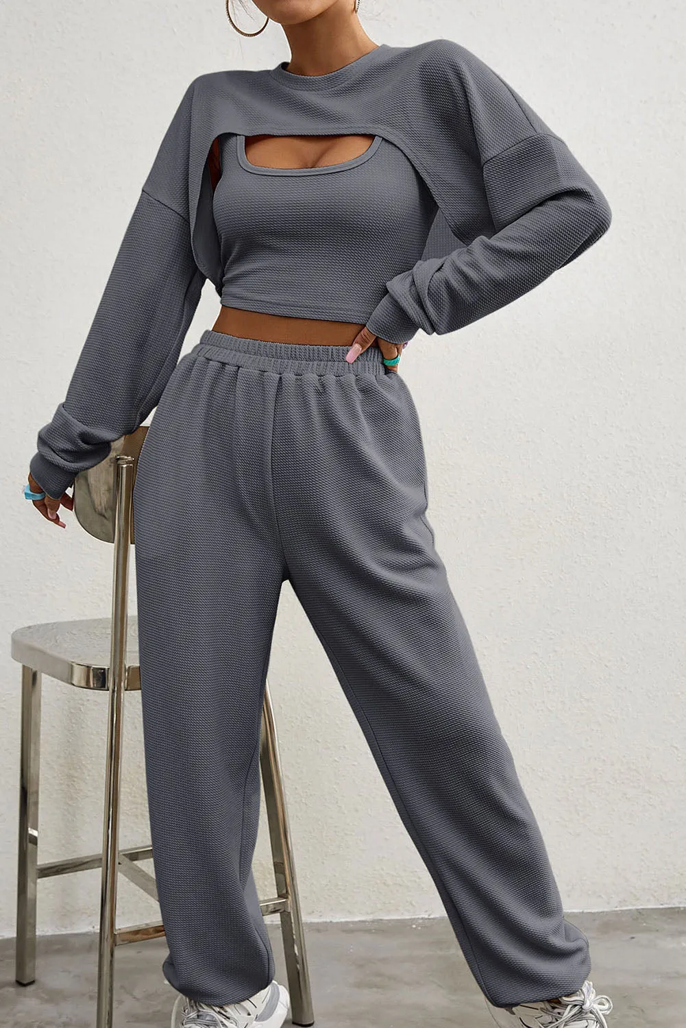 Three Piece Sports Set Crop Tank Top High Waist Jogger Sweatpants