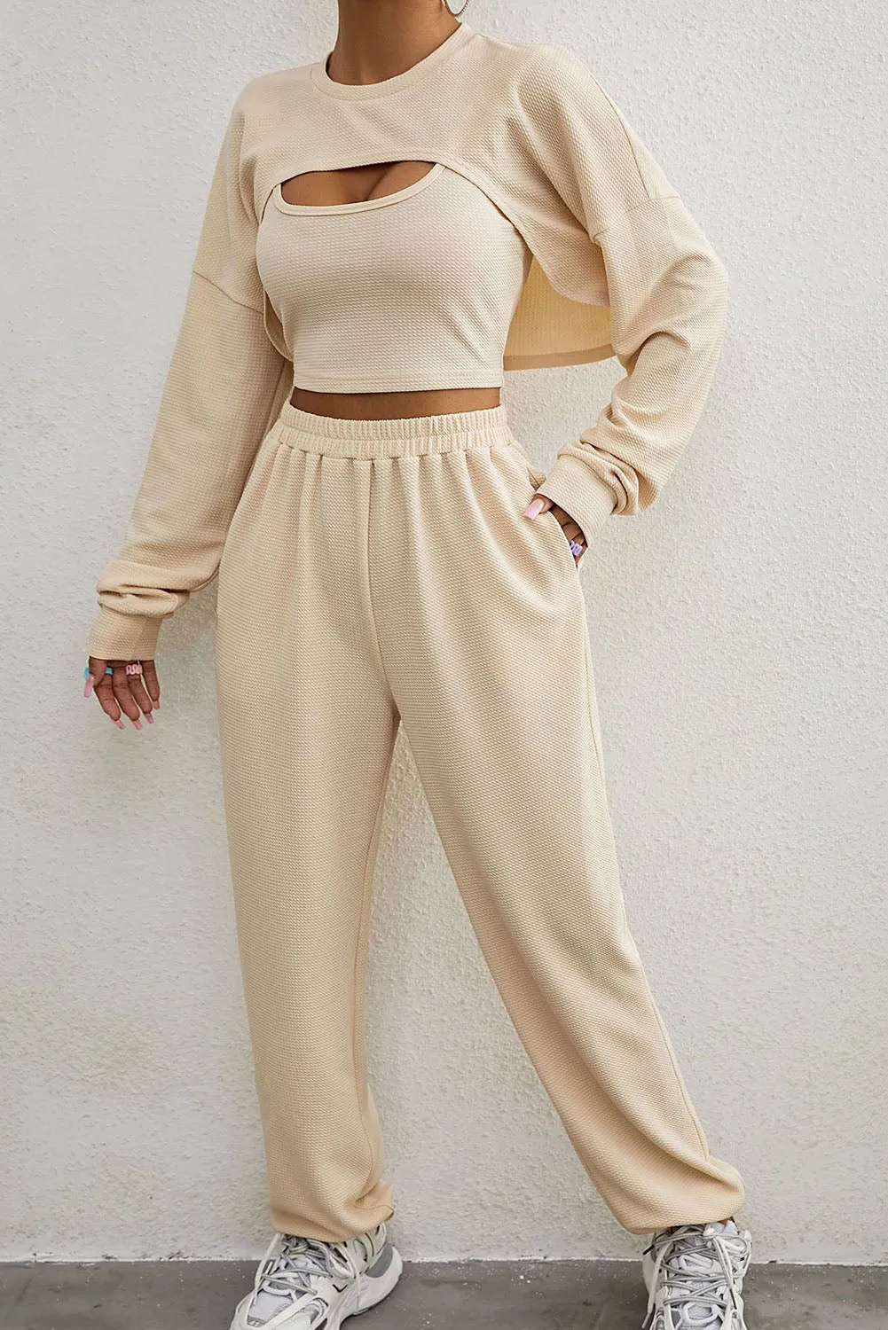 Three Piece Sports Set Crop Tank Top High Waist Jogger Sweatpants