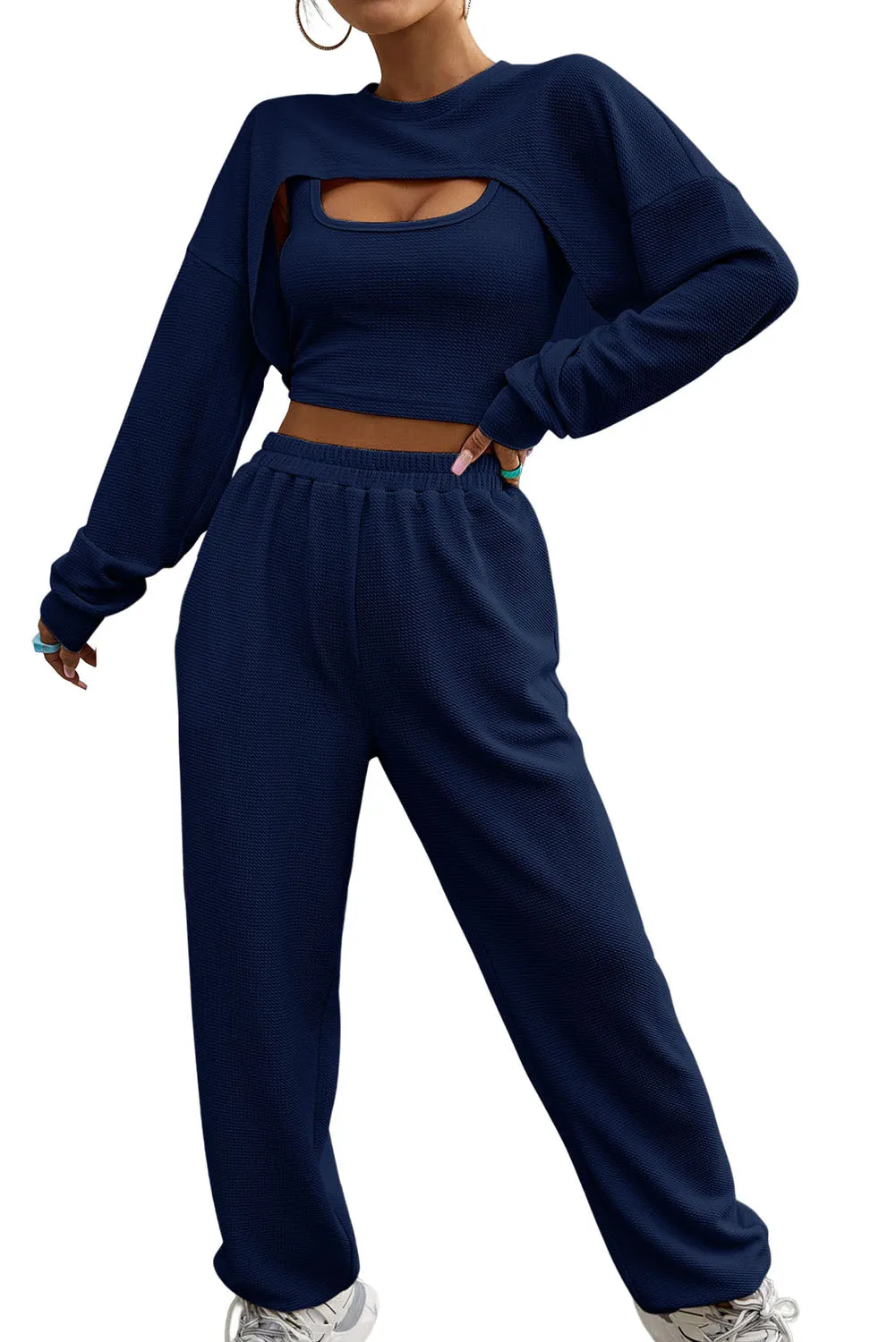 Three Piece Sports Set Crop Tank Top High Waist Jogger Sweatpants