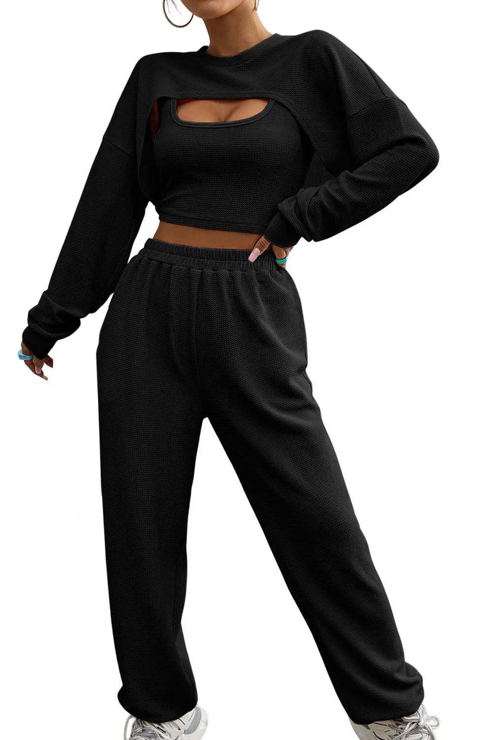 Three Piece Sports Set Crop Tank Top High Waist Jogger Sweatpants