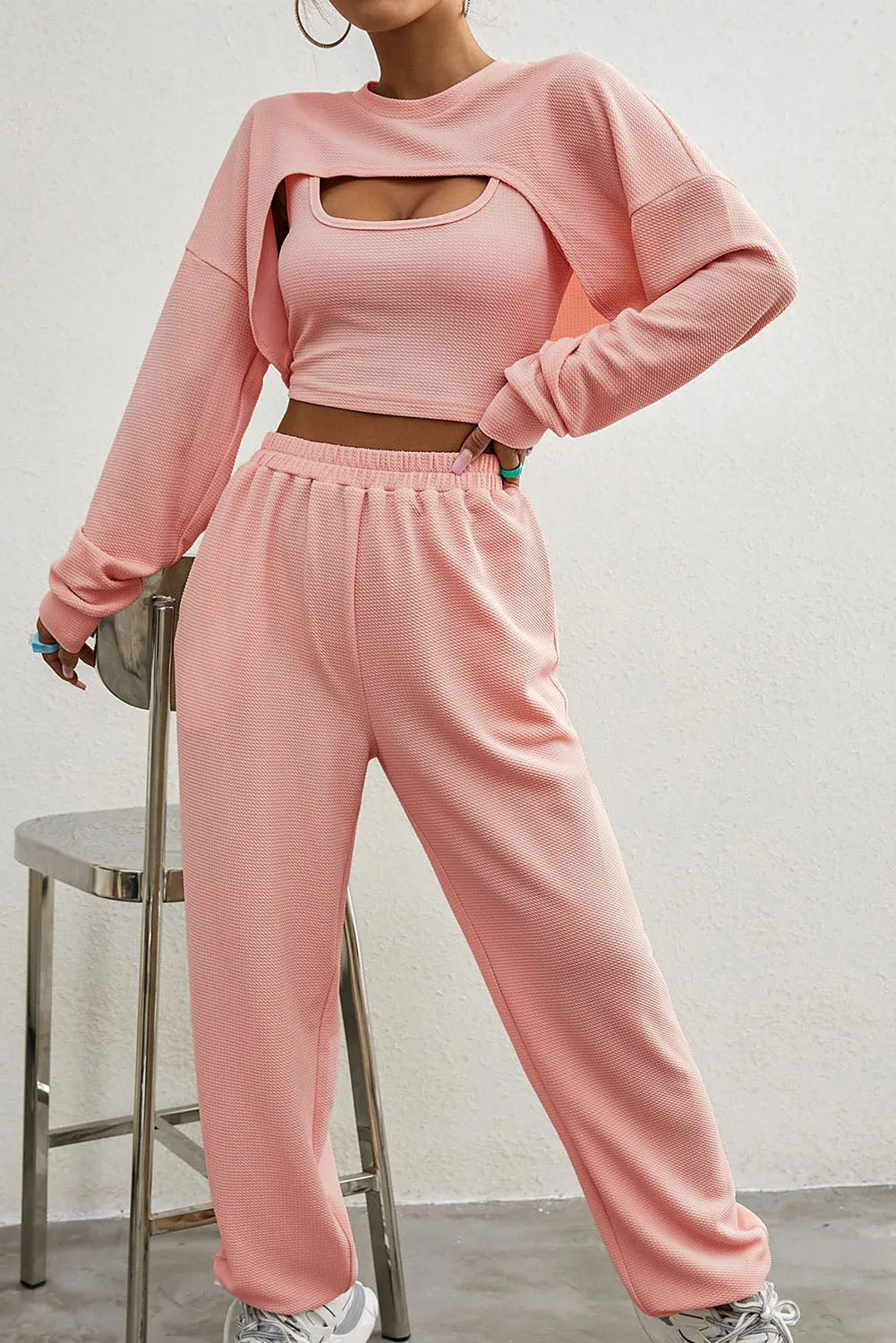 Three Piece Sports Set Crop Tank Top High Waist Jogger Sweatpants