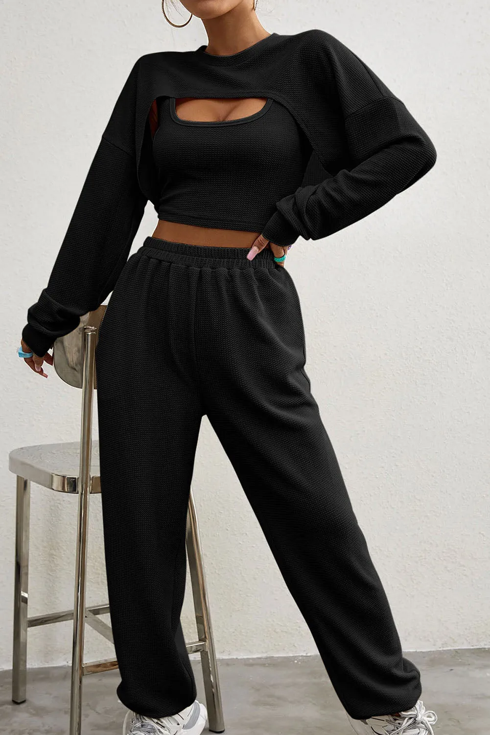 Three Piece Sports Set Crop Tank Top High Waist Jogger Sweatpants
