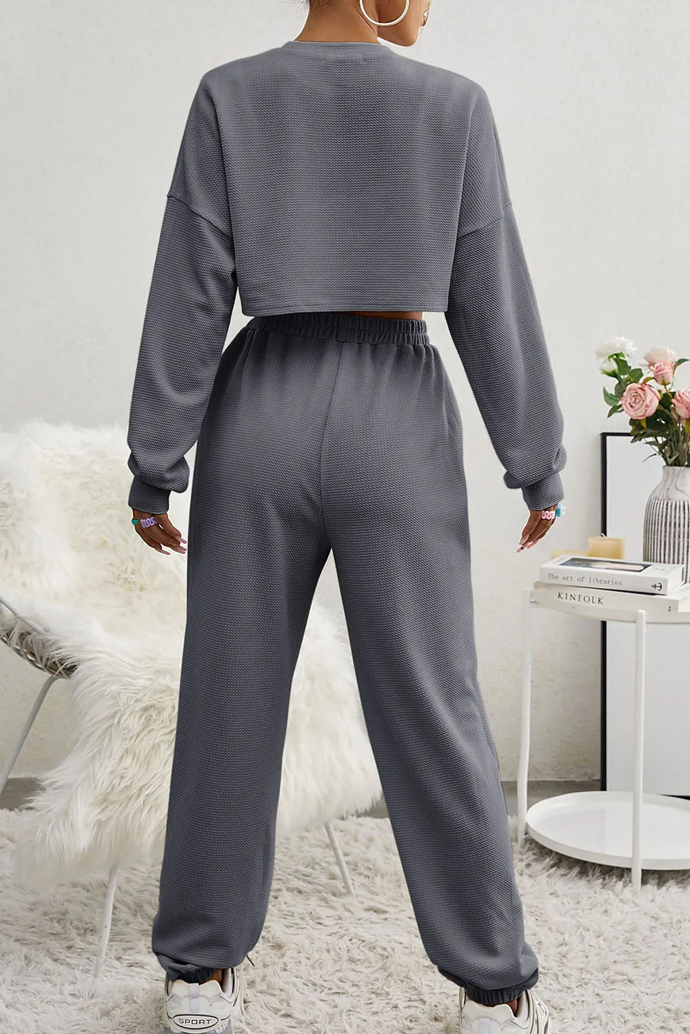 Three Piece Sports Set Crop Tank Top High Waist Jogger Sweatpants