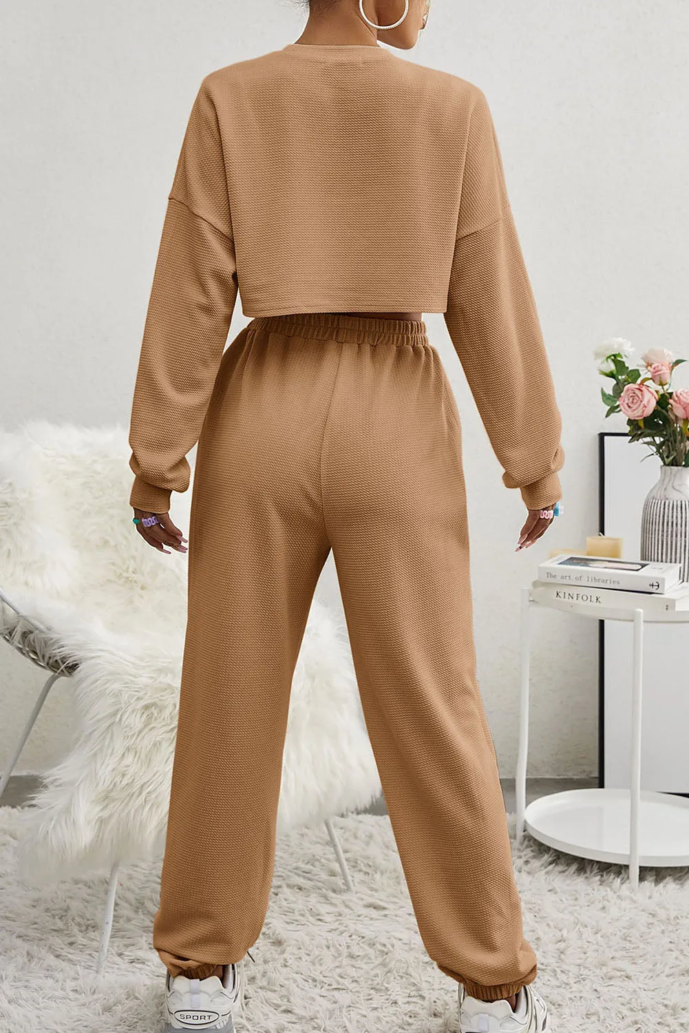 Three Piece Sports Set Crop Tank Top High Waist Jogger Sweatpants
