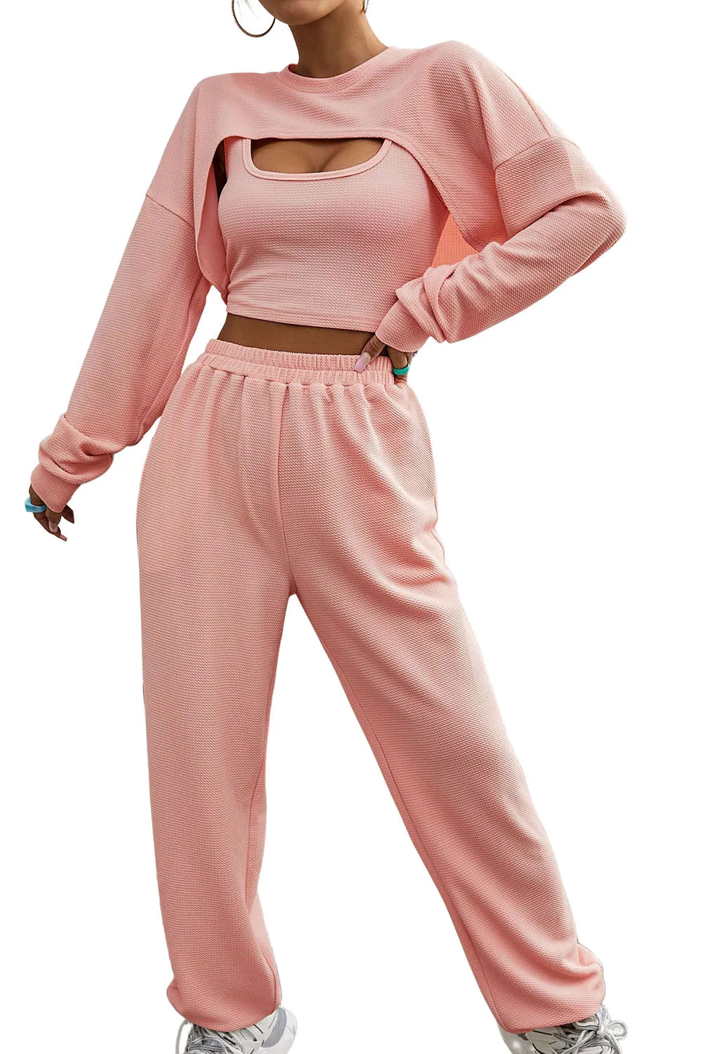 Three Piece Sports Set Crop Tank Top High Waist Jogger Sweatpants
