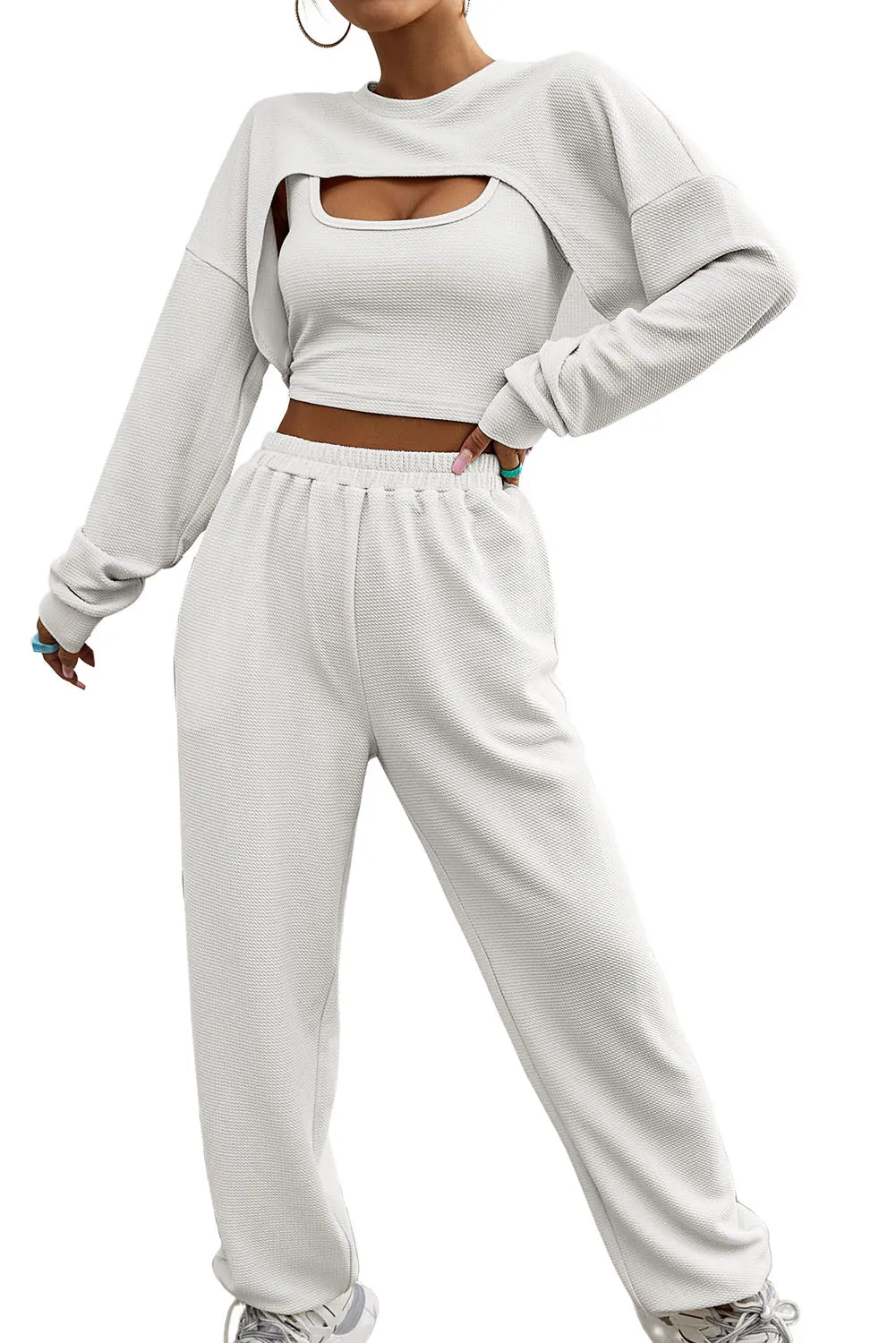 Three Piece Sports Set Crop Tank Top High Waist Jogger Sweatpants