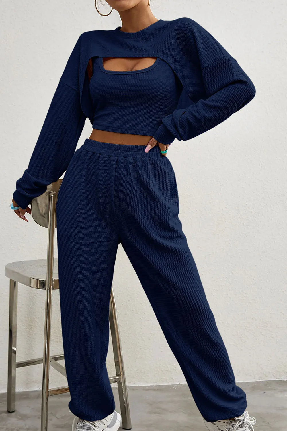 Three Piece Sports Set Crop Tank Top High Waist Jogger Sweatpants