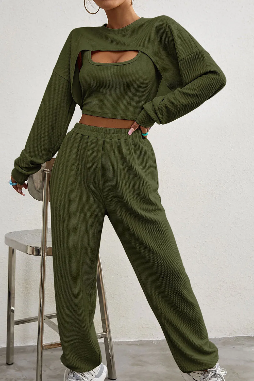Three Piece Sports Set Crop Tank Top High Waist Jogger Sweatpants