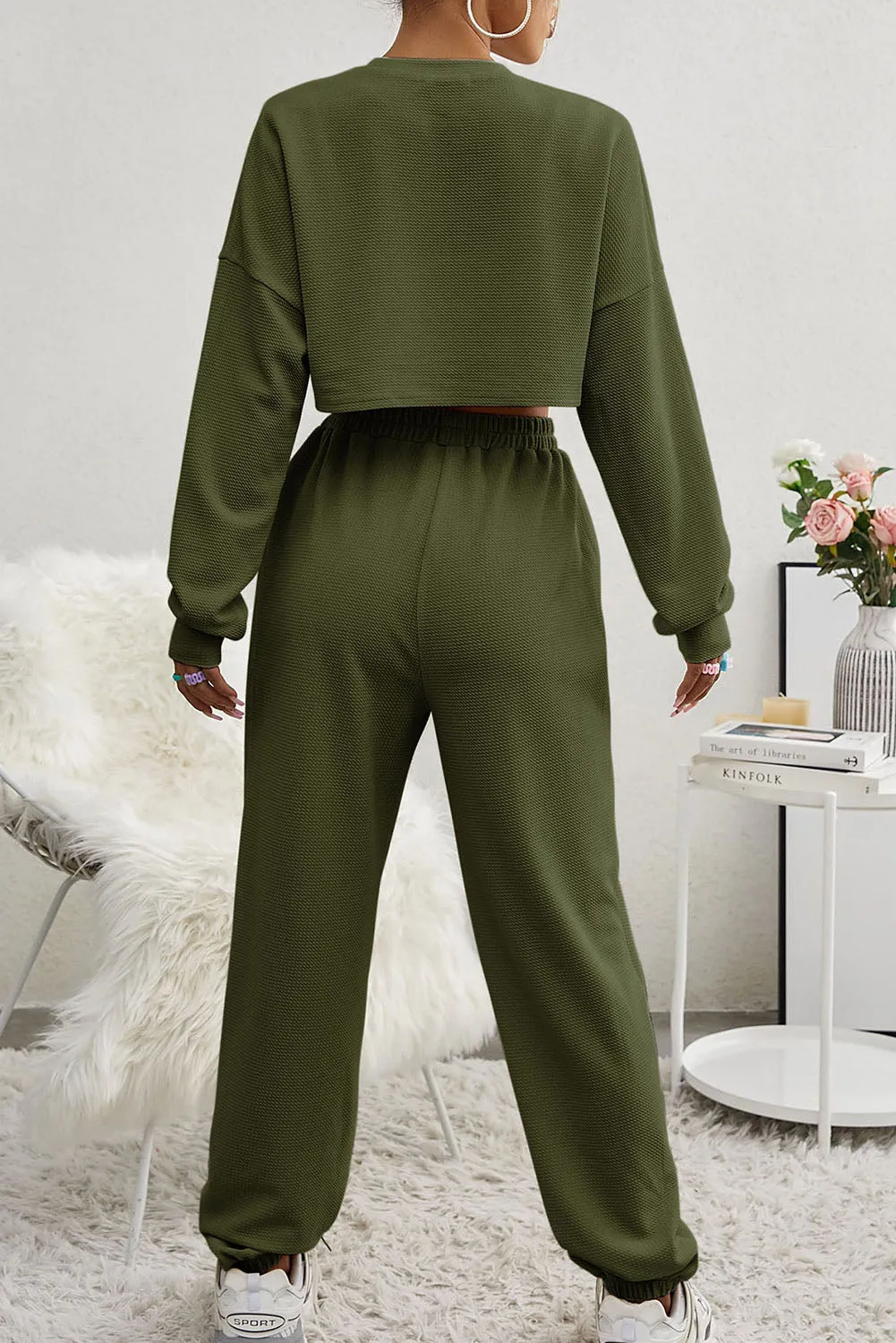 Three Piece Sports Set Crop Tank Top High Waist Jogger Sweatpants