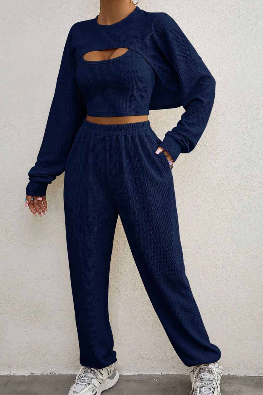 Three Piece Sports Set Crop Tank Top High Waist Jogger Sweatpants