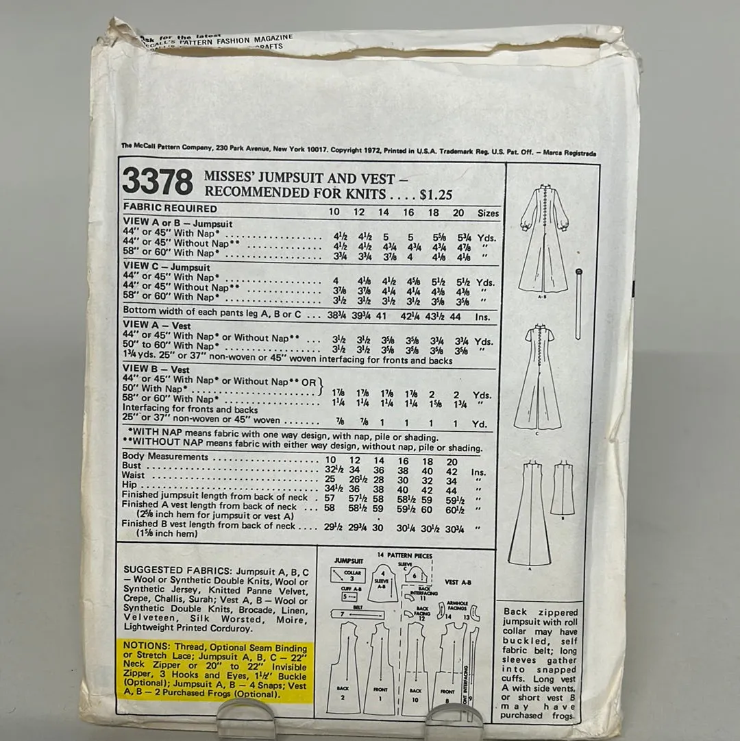 Vintage MCCALL'S Pattern, Misses' Jumpsuit & Vest (PMC3378)