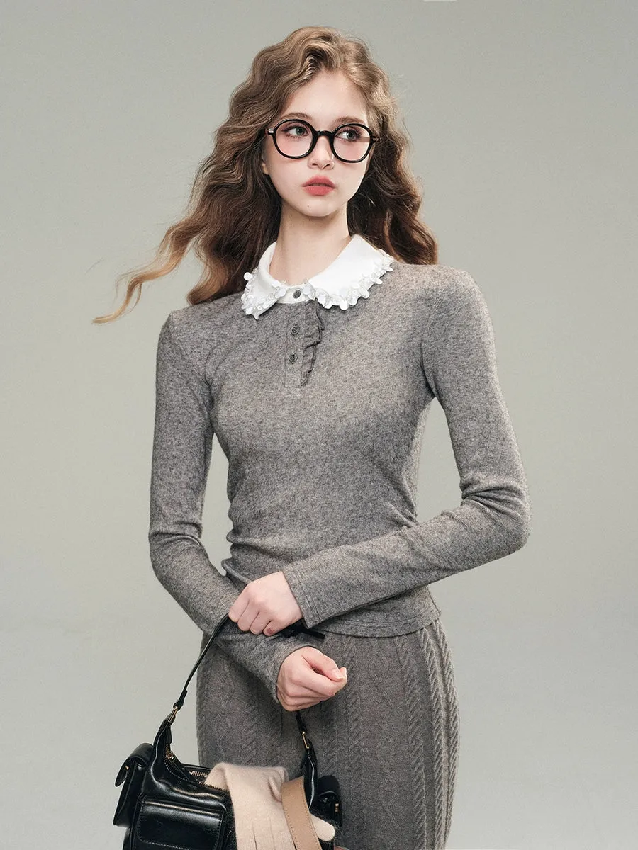 White & Gray Hand-Beaded Knit Shirt