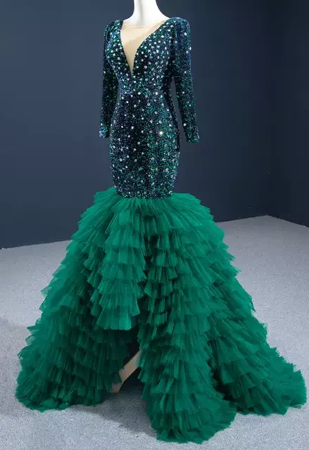 Women Custom Long sleeve green Mermaid evening dress