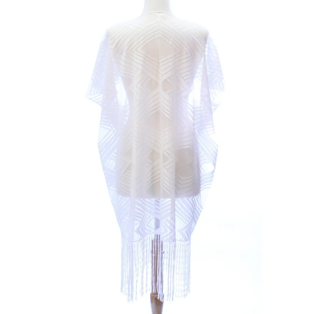 Womens Open Front Geometric Lace Kimono Style Poncho with Fringe.