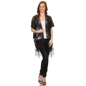 Womens Open Front Geometric Lace Kimono Style Poncho with Fringe.