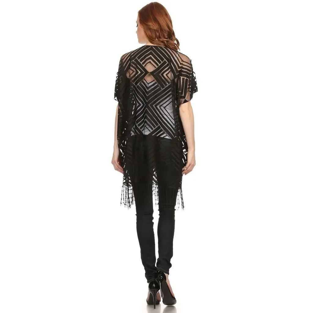 Womens Open Front Geometric Lace Kimono Style Poncho with Fringe.