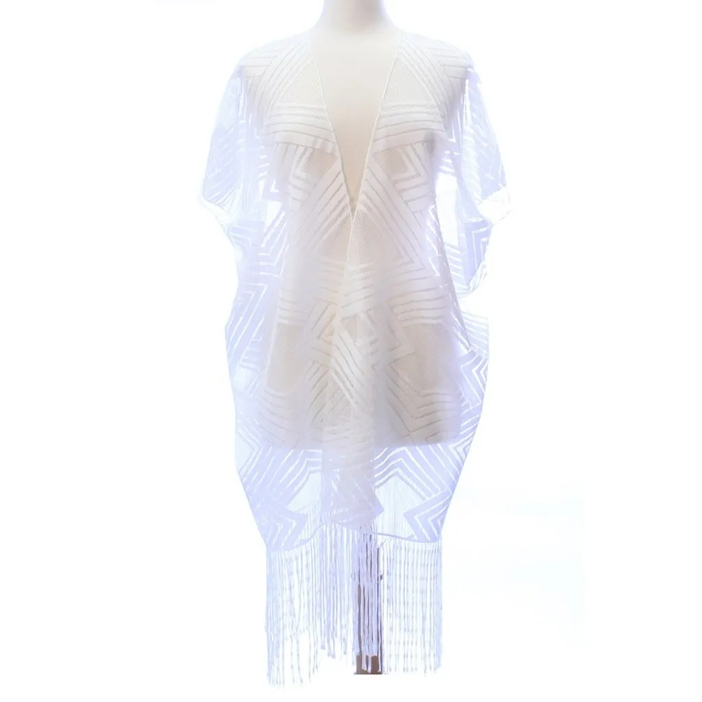 Womens Open Front Geometric Lace Kimono Style Poncho with Fringe.
