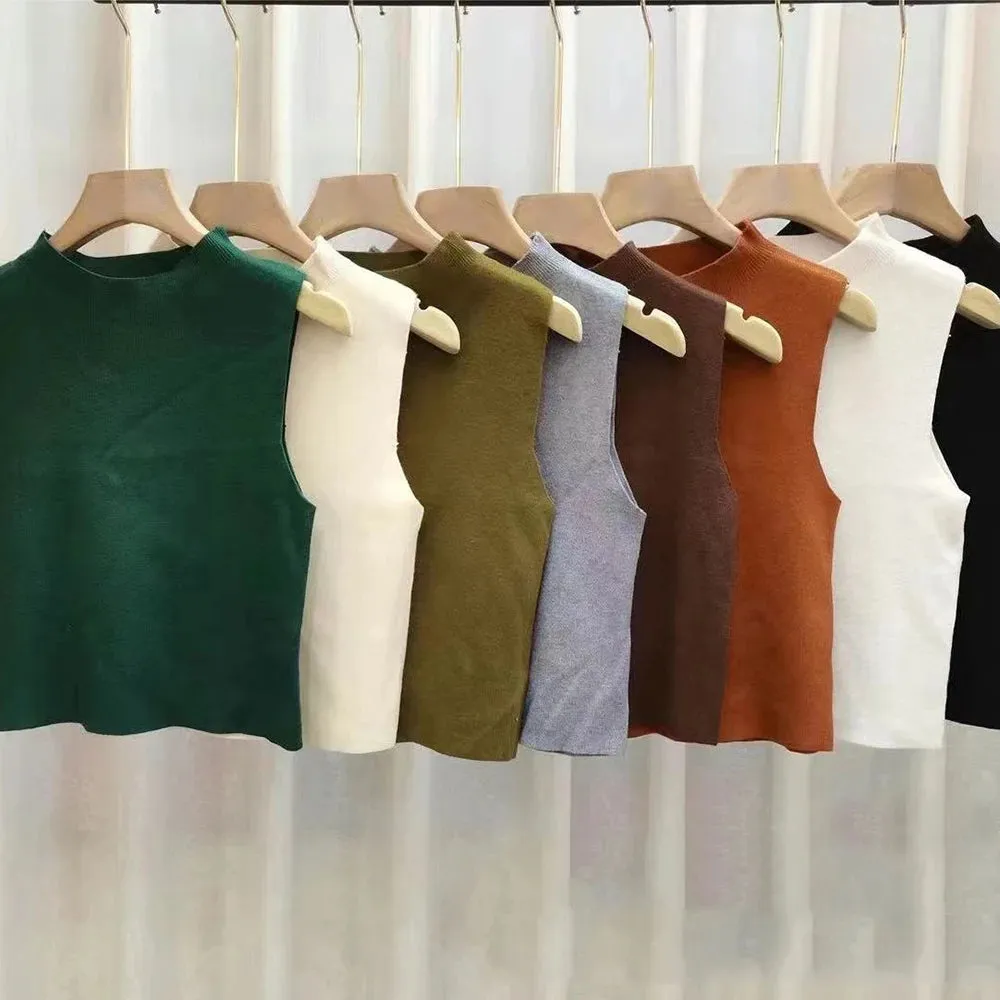 Women's Vest Tank Top Solid Color Knitted Tees T-Shirt Top Cropped Top Camisole Sweater Half-turtleneck Spring Autumn Sleeveless