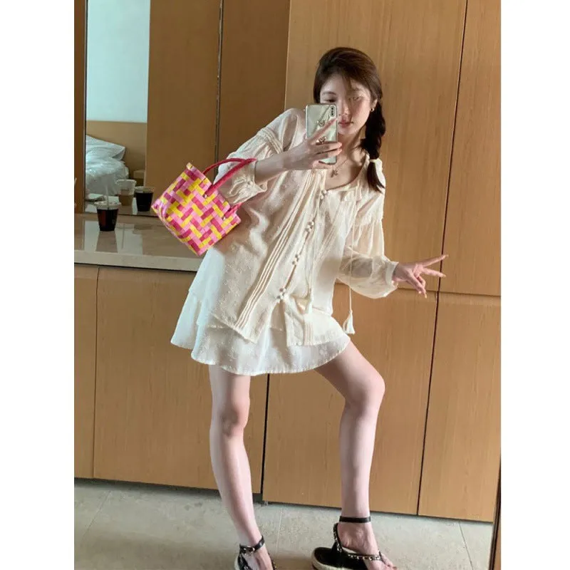 Wooden Ear Lapel Thin Suit Women's Summer Sweet Lantern Long Sleeve Two-Piece Set  Autumn Xintongqin Suit Women