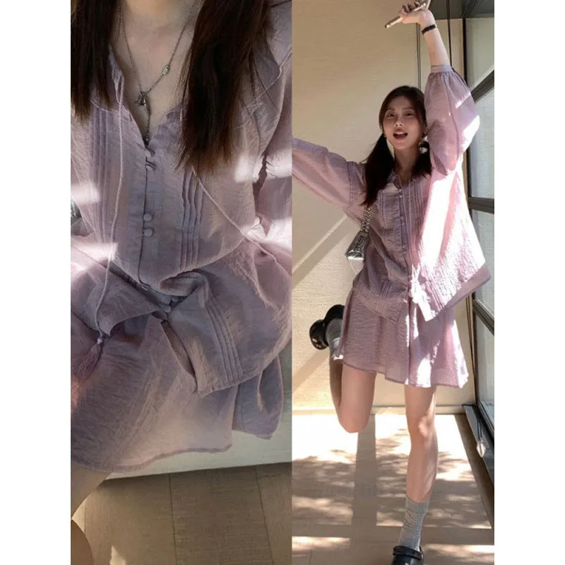 Wooden Ear Lapel Thin Suit Women's Summer Sweet Lantern Long Sleeve Two-Piece Set  Autumn Xintongqin Suit Women