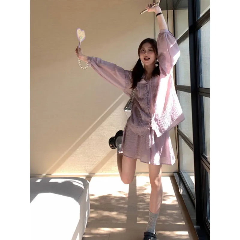 Wooden Ear Lapel Thin Suit Women's Summer Sweet Lantern Long Sleeve Two-Piece Set  Autumn Xintongqin Suit Women