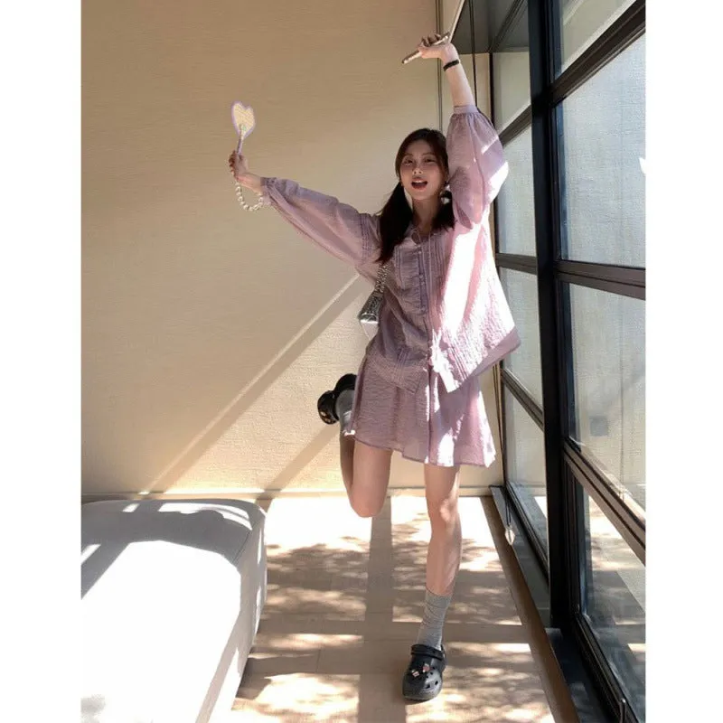 Wooden Ear Lapel Thin Suit Women's Summer Sweet Lantern Long Sleeve Two-Piece Set  Autumn Xintongqin Suit Women